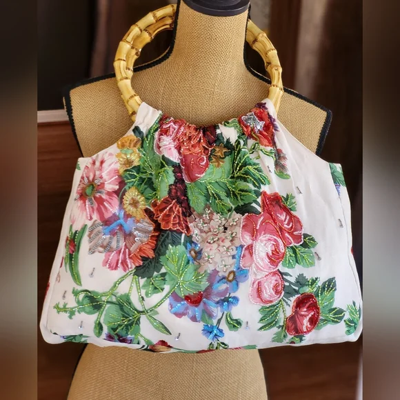 Christiana Rayon Floral Beaded Tote With 2 Bamboo Top Handles Large - Picture 9 of 14